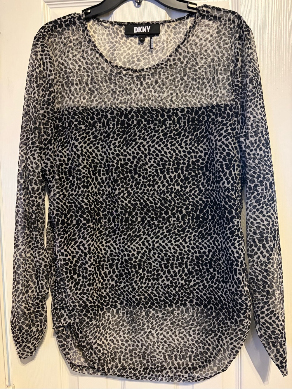 DKNY Black and White Sheer Animal-Print Long Sleeve Top
